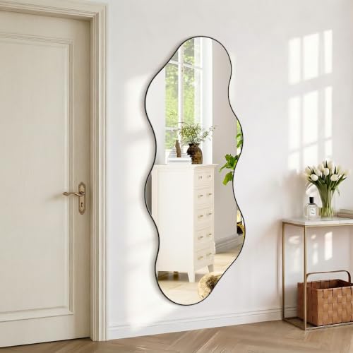 65.7"x24" Irregular Full Length Mirror, Abstract Wall Mirror - color: Black Wavy