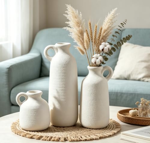 White Ceramic Vase Set of 3 with Handle, Waterproof Vases for Pampas Grass - color: 3pcs- White With Handle