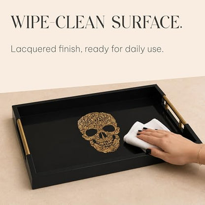 Gothic Skull Serving Tray, Black Gloss, Gold Handles by Death Decor - style: SKULL
