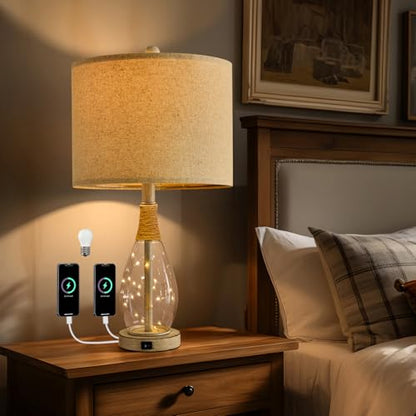 OYEARS 23" USB A+C Table Lamp for Bedroom Living Room Modern Bedside Lamps Retro Farmhouse Rattan Glass Nightstand Nightlight Lamps (White),Two Light Points - color: Antique White