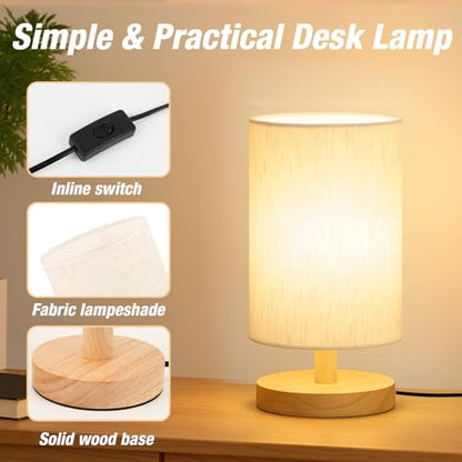 Desk Lamp LED Bulb Included, Small Bedside Table Lamp Plug-in - Classic Wood Base with Flaxen Fabric Shade, Lamps for Night Stands, Simple Nightstand Light for Bedroom, Office, Desk - color: Flax White