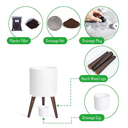 D'vine Dev 10 Inch Planter Pot with Wood Stand, White, 88-O-B-1 - color: Matte White, size: Medium