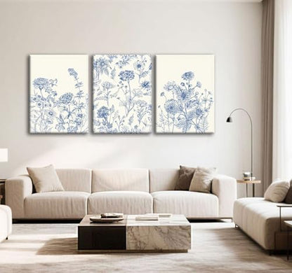 Blue Botanical Canvas Wall Art, 3 Piece Gallery Wrapped Set, 12x16 Inch - color: Blue flowers and grass, size: 12x16 inch