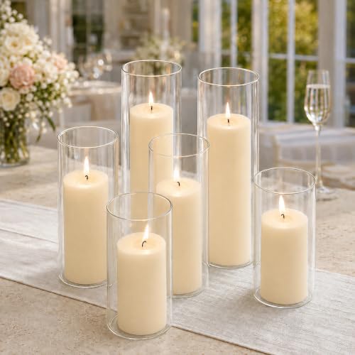 Set of 6 Pillar Candles with Clear Glass Hurricane Holders- Elegant Cylinder Candle Vases for Weddings, Parties, Centerpieces, Home & Office Decor (Lvory White, 6 Set) - color: Lvory White