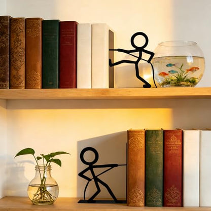 2 Pcs Metal Bookends and Heart Bookmark,Book Ends for Book Shelf,Tug of War - color: Tug War Black
