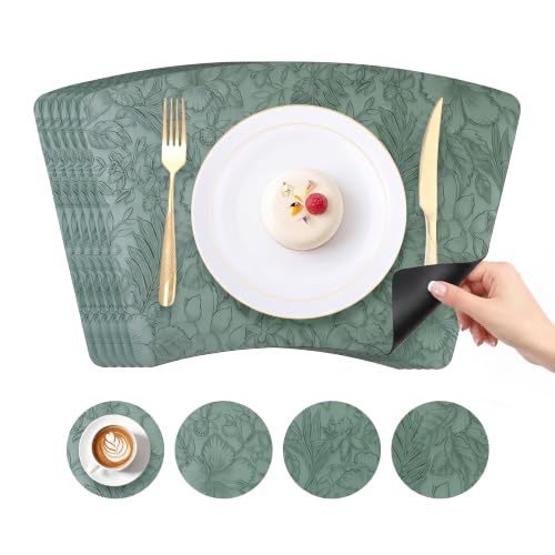 Faux Leather Set of 6, Placemats with Carving Floral Design - color: Green