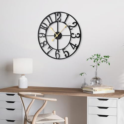 Wall Clock Battery Operated,Silent Non Ticking Modern Rustic Metal Small Clocks for Living Room/Bedroom/Office/Kitchen/Farmhouse Home Decor-14IN(Arabic Number-Black) - size: 14 inch