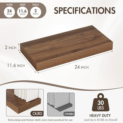 Acovy 24 Inch Floating Shelves, 12" Deep Floating Shelf Wall Mounted, 24" Wall Shelves, Rustic Deep Bookshelf, Extra Deeper & Thicker Display Shelves for Bedroom, Living Room, Walnut, Set of 2 - color: Walnut, size: 12"Wx24"L-2pcs