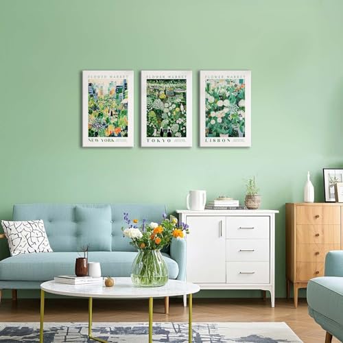 XLARTMY Flower Market Wall Art Prints Canvas Green Yellow White Floral Paintings Colorful Botanical Travel Flower Posters for Home Decor Pictures Set of 3 for Living Room Bedroom 16x24in - color: Flower Market GReen, size: 16x24in Canvas