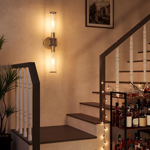 Rayogale Gold & Walnut Wireless Battery Operated Wall Sconces with Remote - color: Gold & Walnut(Clear Tubular Lampshade)