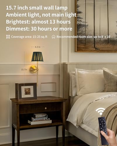 KDG Gold Cordless Wall Sconces Set of 2, Green Fabric LED Wall Lamps - color: Gold + Green Lampshde (2 Pack)