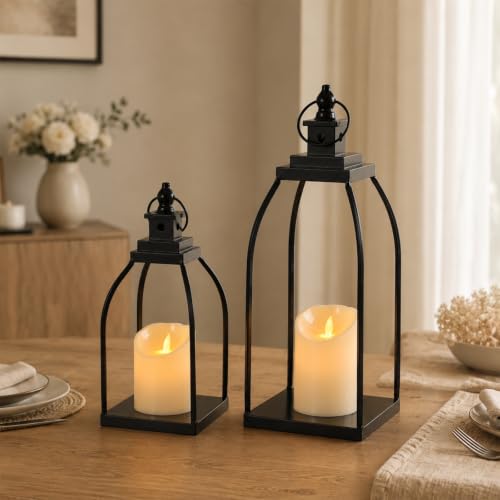 Decorative Candle Lanterns Set of 2, Black Metal for Indoor & Outdoor - size: 12+15in