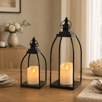 Decorative Candle Lanterns Set of 2, Black Metal for Indoor & Outdoor - size: 12+15in