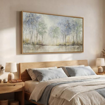 Framed Abstract Neutral Forest Landscape Wall Art for Living Room, 60x30 In - color: Blue and Green