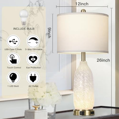 Rinweey 26" Modern Clear Glass Table Lamp Nightstand Lamp with USB A+C Ports & AC Outlet,Bedside Lamps with 3-Way Dimmable Touch Control Night Light for Bedroom Living Room,Single White - color: White-1P