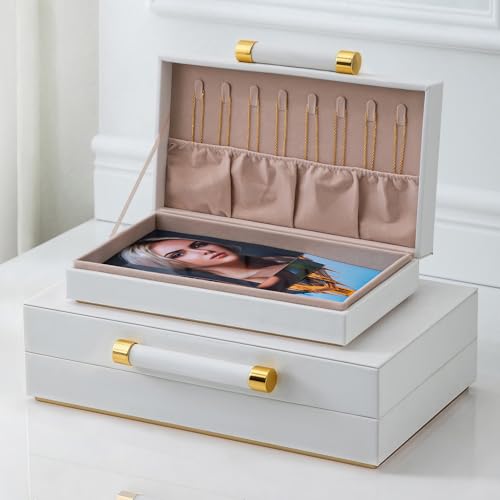 Decorative Storage Boxes with Lids for Home Decor Set of 2 - Large White PU Leather Memory Box for Keepsakes, 8 Necklace Hooks & Elastic Pocket, Floating Base with Gold Handles, Photo & Modern Jewelry
