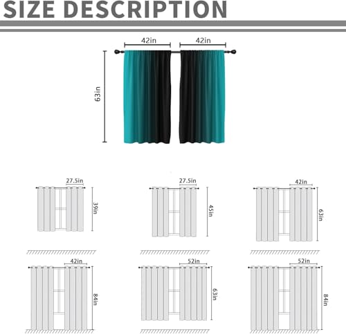 Teal Black Curtains, Ombre, 2 Panels, 42" W x 63" L, Rod Pocket - color: New Teal, size: 42"W x 63"L (Pack of 2)