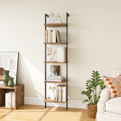 ELYKEN Ladder Shelf, 5-Tier Wood Wall Mounted Ladder Bookshelf - color: Rustic Brown