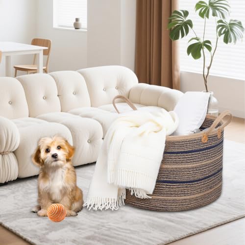 ZOES HOMEWARE Sapphire Blue Large Blanket Basket, 22"x22"x14" | Jute Blanket Basket Living Room, Laundry, Nursery | Toy Basket for Blankets, Toys, Hand Woven Crafted (Brown&Blue)