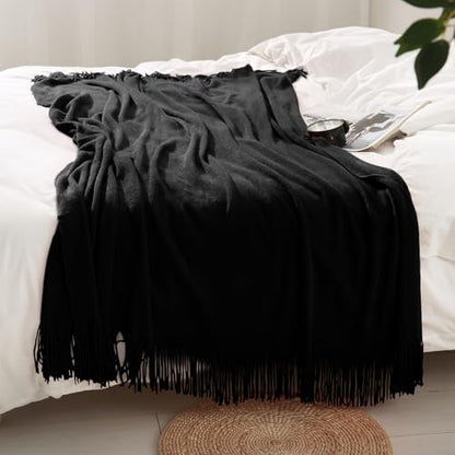 Homiest Black Knitted Throw Blanket with Fringe, 50x60 Inch - color: Black, size: 50" x 60"