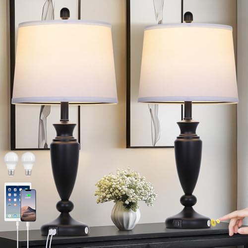 Rinweey 27'' Black Table Lamps Set of 2, 3 Way Touch Control Living Room Lamps with USB A+C Ports, Modern Bedside Lamps, Elegant Metal Nightstand Lamps for Bedroom Office End Table Decoration - color: Black-27"H