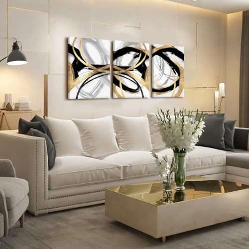 LYYGLYY 3Pcs Framed Black Gold and White Canvas Wall Art 12x16 Inches - color: Dancing Lines, size: 12x16 Inches