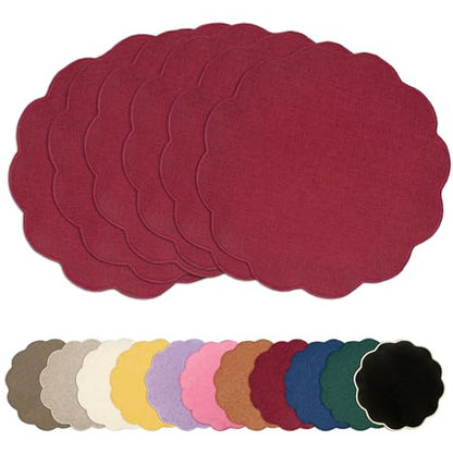 AHHFSMEI Round Scalloped Placemats Set of 6 15 Inch Faux Linen - color: Burgundy Red