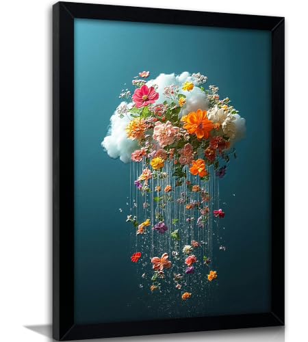 Framed 3D texture Cloud Floral Rain Canvas Wall Art, Surreal Falling Colorful Flowers from White Cloud Painting Print, Teal Background Modern Botanical Framed Wall Decor for Bedroom Home Gift - color: Flower cloud, size: 10"L x 8"W