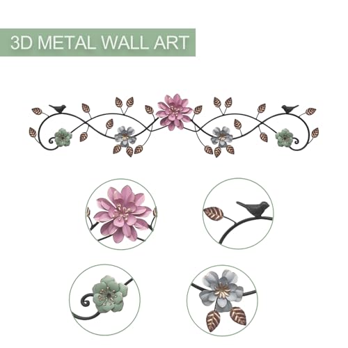 Birminwind Metal Flower Wall Art above Door: 3D Floral Wall Décor above Window with Bird Leaves - 32.28" French Country Decoration above Bed Couch Tv (Colorful) - color: Colorful