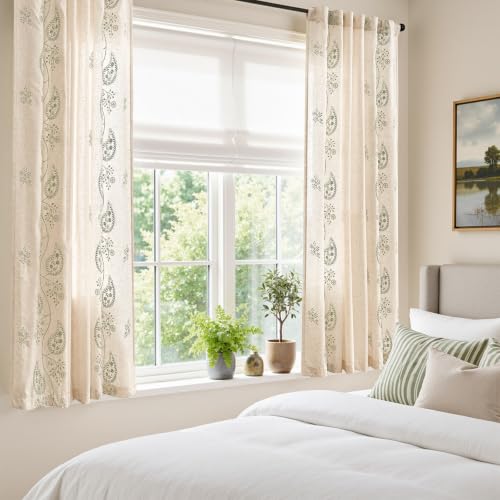 jinchan Linen Curtains 63 Inch Sage Floral Drapes Back Tab 2 Panels Set - color: Sage on Beige, size: 50"W x 63"L (Pack of 2)