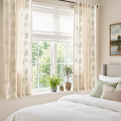 jinchan Linen Curtains 63 Inch Sage Floral Drapes Back Tab 2 Panels Set - color: Sage on Beige, size: 50"W x 63"L (Pack of 2)