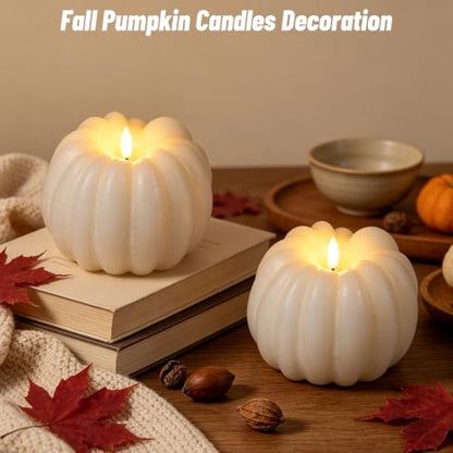 Wondise Fall Decorations Real Wax Pumpkin Candles with Remote Timer - color: 2-White