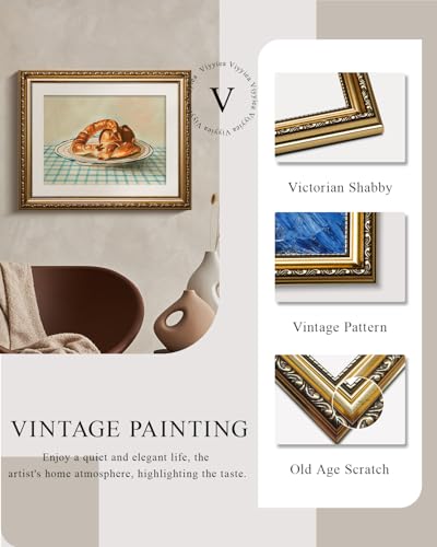 VIYYIEA Gold Framed Croissant Wall Art Kitchen Canvas Decor, 13×16 Inch - color: Croissant Still Life, size: 16"L x 13"W
