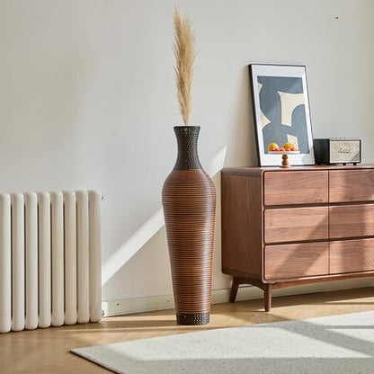 39" Hand-Woven PVC Rattan Floor Vase, Brown Tall Decorative Vase for Home Decor, Farmhouse Boho Entryway Living Room Office Statement Vase for Pampas Grass Dried Branch Display