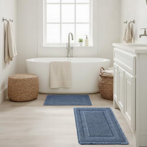 MIULEE Set of 2 Waffle Bathroom Rugs Blue Boho Bath Mat 17x24+18x30 in - color: Blue, size: 17''x24'' + 18''x30''