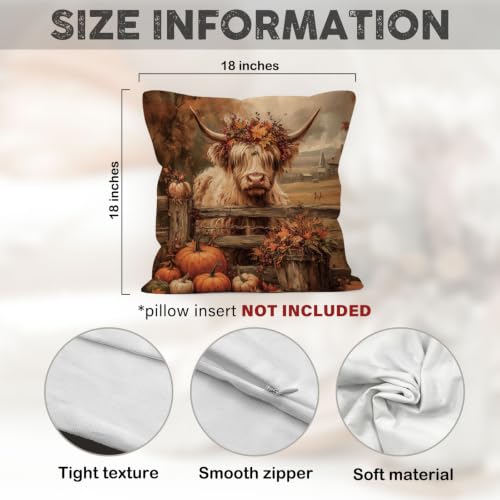 Rustic Fall Western Highland Cow Pumpkin Throw Pillow Covers 18x18 - color: Highland Cow-09