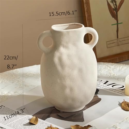 Rustic White Ceramic Vase for Home Decor, Antique Farmhouse Clay Jug Pitcher Vases for Aesthetic Textured Large Vintage Pottery with Handle for Centerpiece… - size: 9''A