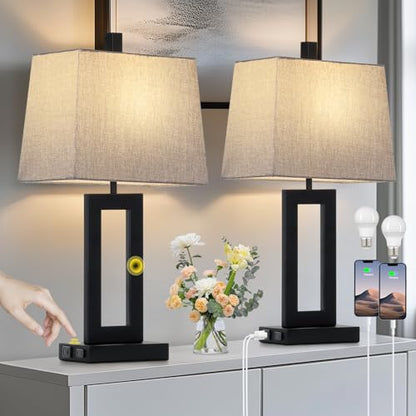 Cinkeda Bedside Table Lamp Set of 2,Nightstand Touch Lamps with USB Port - color: C.Gray&Black