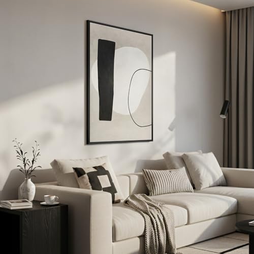Framed Modern Black White Beige Abstract Wall Art, 1 Piece 24x36 In - color: Black White Block A
