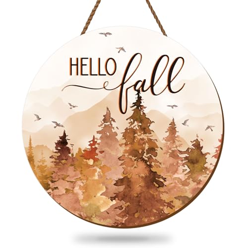 Whaline Hello Fall Forest Wooden Hanging Sign Rustic Watercolor Wood Welcome Door Sign for Autumn Thanksgiving Farmhouse Indoor Outdoor Home Porch Wall Decor - style: Fall