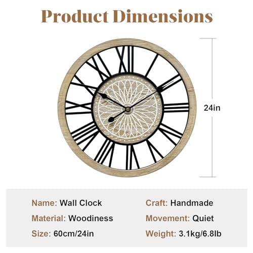 Large Farmhouse Wall Clock for Living Room Decor,24 in Round Carved Wooden Wall Clock,Rustic Silent Non-Ticking Decorative Wall Clocks for Bedroom/Kitchen/Entryway/Office/Dining Room - style: Farmhouse clock 2
