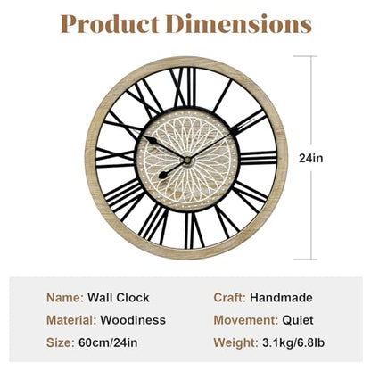 Large Farmhouse Wall Clock for Living Room Decor,24 in Round Carved Wooden Wall Clock,Rustic Silent Non-Ticking Decorative Wall Clocks for Bedroom/Kitchen/Entryway/Office/Dining Room - style: Farmhouse clock 2