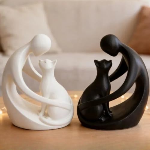 1 Pack Abstract Human and Cat Figurine, Modern Desktop Statue, Decorative Sculpture for Home, Office, Shelf Display  (White) - color: White