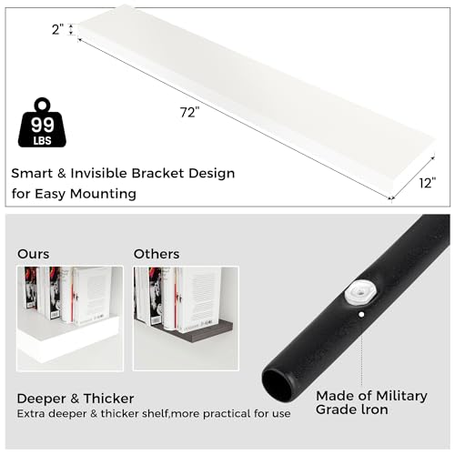 72 Inch Floating Shelves for Wall, 12"D Wood Storage Shelves, White Finish - color: White, size: 72 Inch