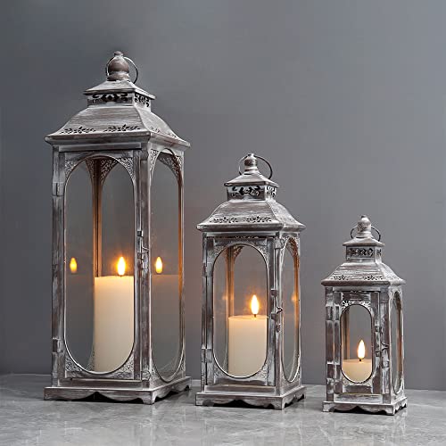 TRIROCKS Set of 3 Vintage Candle Lanterns 10/14/19.5''H Decorative Outdoor Lantern Metal Candle Holder with Tempered Glass for Home Living Room Garden Yard Parties Event Indoors Outdoors (Cement Grey) - color: Gray, size: Set of 3 (Small/Medium/Large)