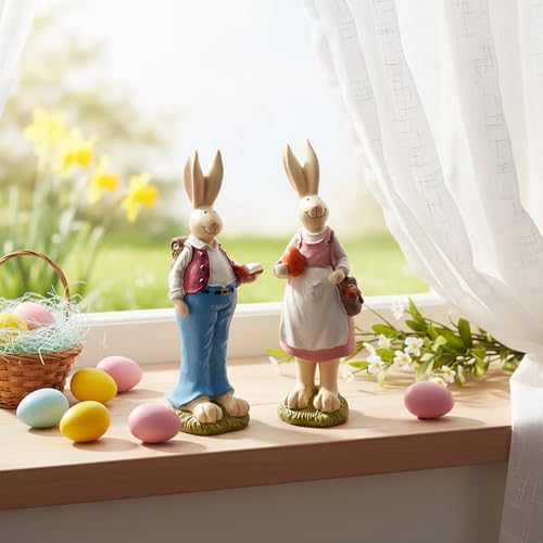 Easter Bunny Figurines Set of 2, Resin Rabbit Couple, 6.1 Inch - size: 6.1 inch