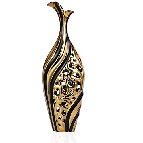 19 Inch Tall Floor Vase, Black and Gold Ceramic Vase, Pottery Decorative Vase, Unique Pampas Grass Vase for Living Room Floor, Home Office, Porch Home Centerpieces Decorative Large Vase - color: L-black Gold