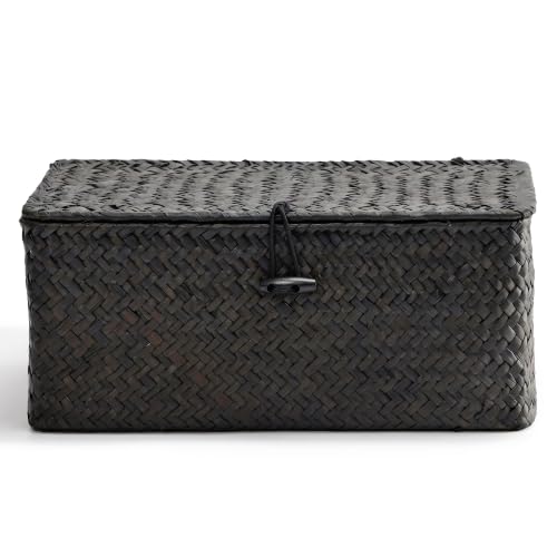Nonam Small Wicker Basket with Lid,Seagrass Shelf Storage Basket,Black - color: S-Black