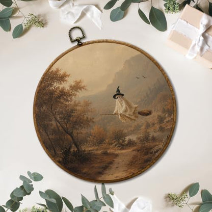 JUIOEIU Fall Halloween Witch Ghost on Broom Round Wall Decor 994 - color: Ghost01