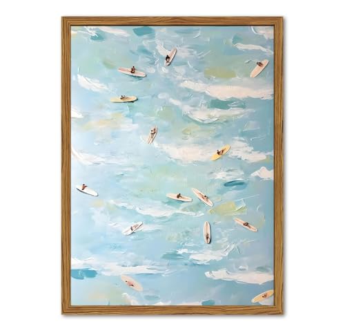 Framed Tiny People Surfing Canvas Wall Art, Abstract Blue Coastal Surfer Pictures Wall Decor, Funky Summer Ocean Paintings Prints Beachy Home Decor for Living Room Bedroom Dorm 12x16 inch - color: Surfer, size: 16"L x 12"W